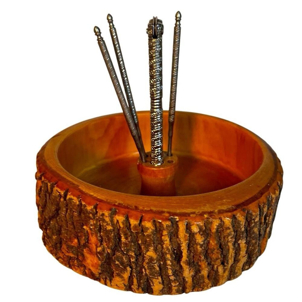 VTG MCM Wooden Rustic Bark Nut Bowl Round Dish + Metal Cracking Utensils